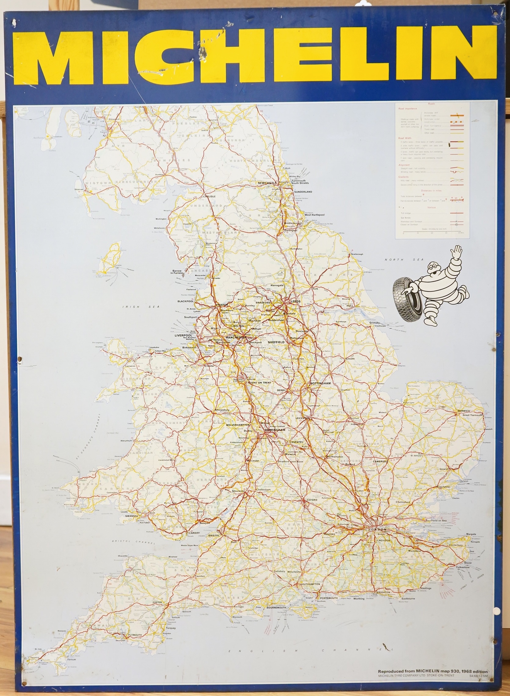 A 1960s Michelin printed tinplate road map, based on the Michelin map 930, 1968 edition, with a number of drilled securing holes, 86 x 62.5cm